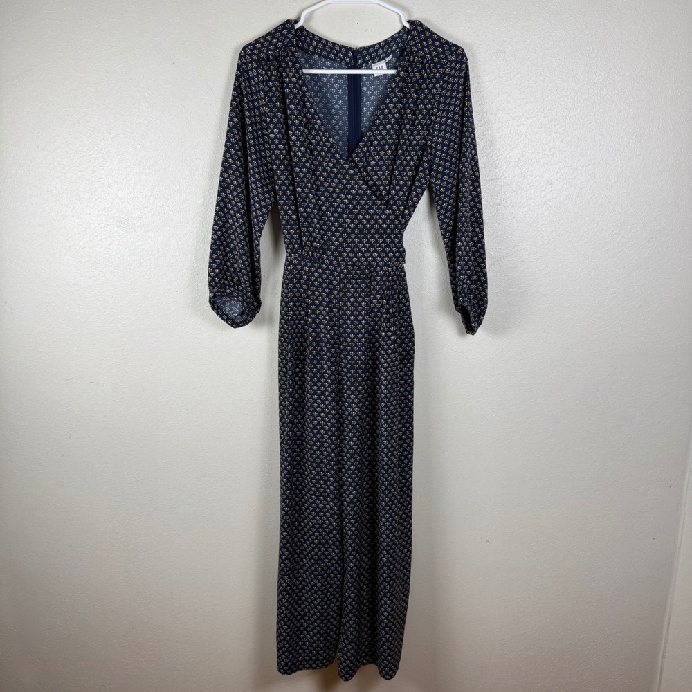 Gap Womens Navy Blue Floral Wrap Wide Leg Jumpsuit Long Sleeve Pockets Size‎ 4